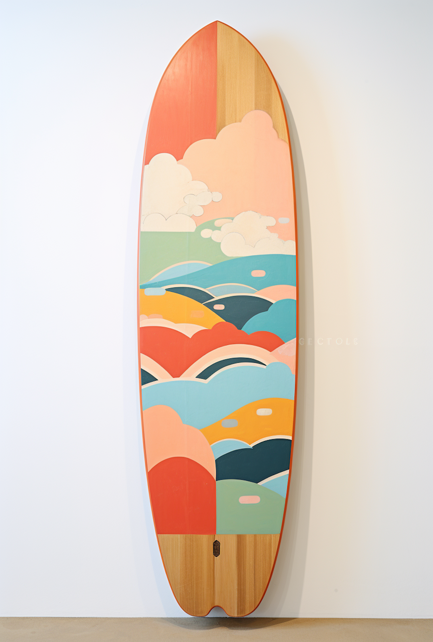 Sleek Surfboard with Stylized Landscape Artwork