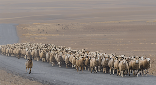 Standout Sheep on a Dusty Road