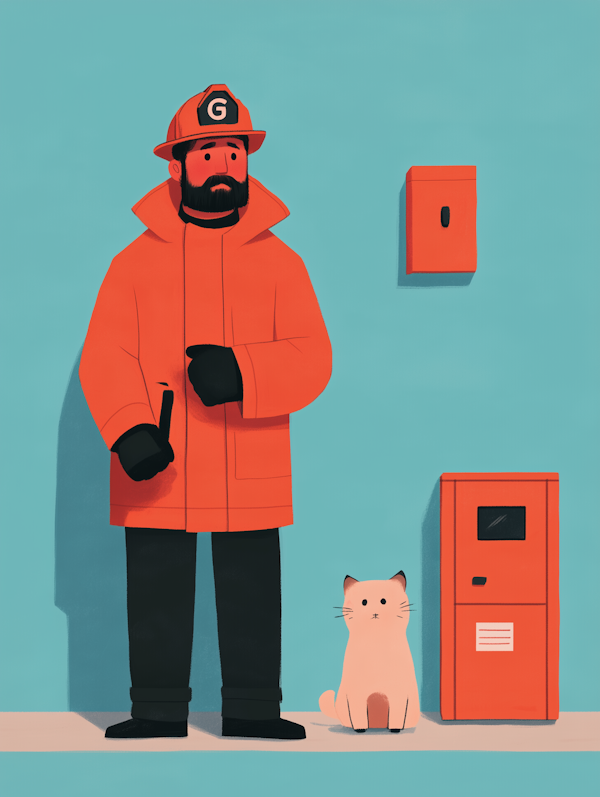 Friendly Firefighter with Cat Illustration