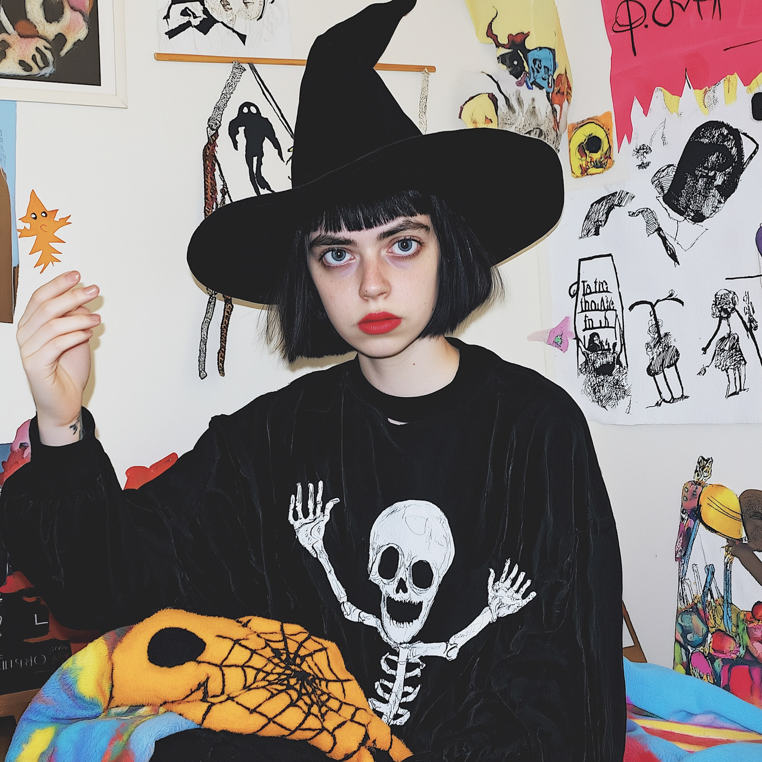 Young Person in Witch Hat with Skeleton Shirt