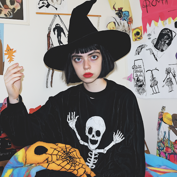 Young Person in Witch Hat with Skeleton Shirt