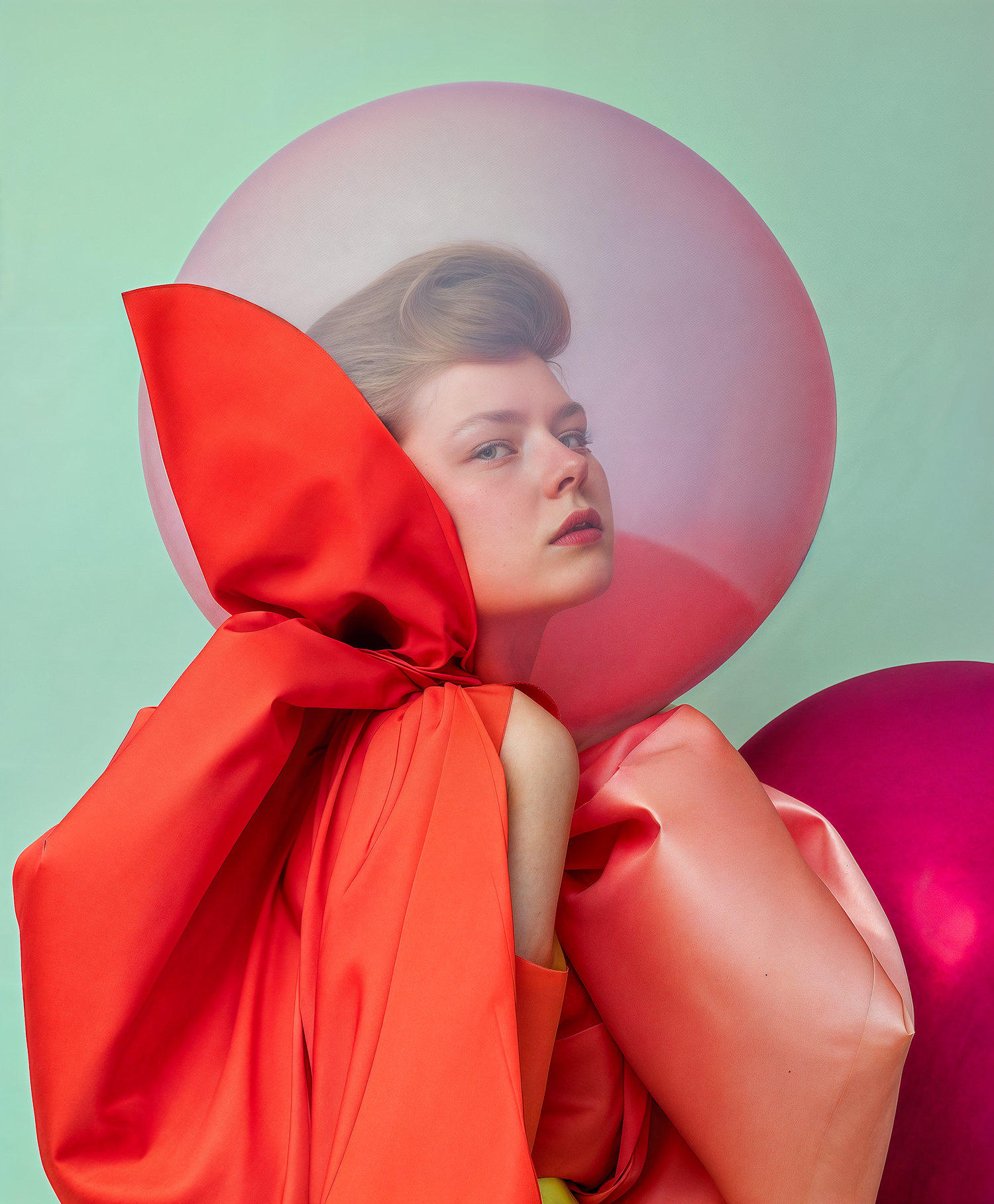 Serene Woman with Red Attire and Pink Balloon Background