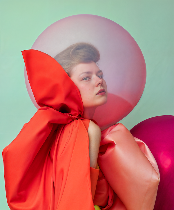 Serene Woman with Red Attire and Pink Balloon Background