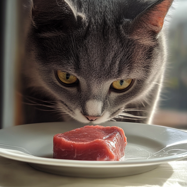 Curious Cat with Raw Meat