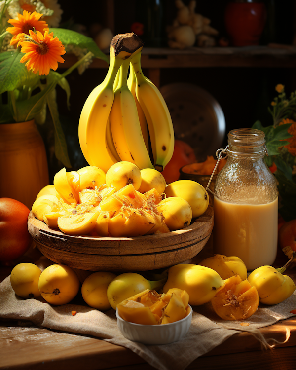 Autumn Abundance: Bananas and Persimmons Still Life