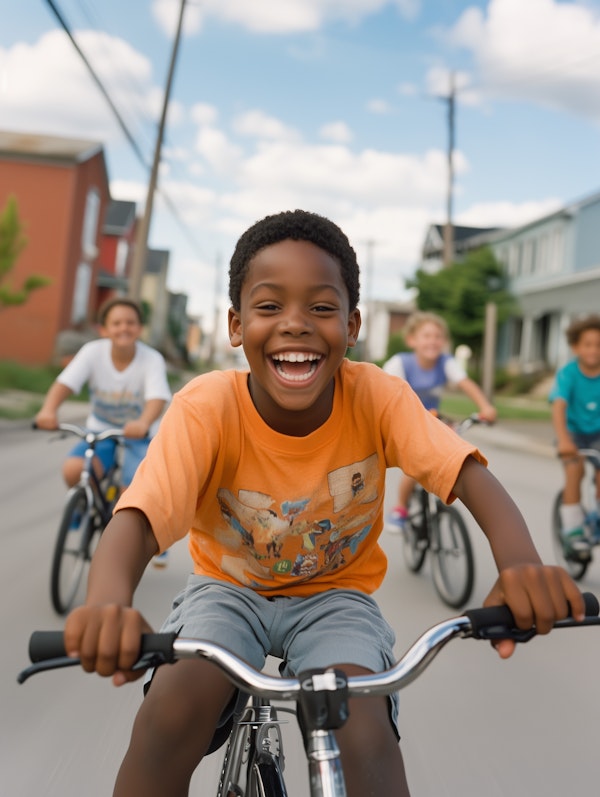 Joyful Boy Riding a Bicycle on a Suburban Street