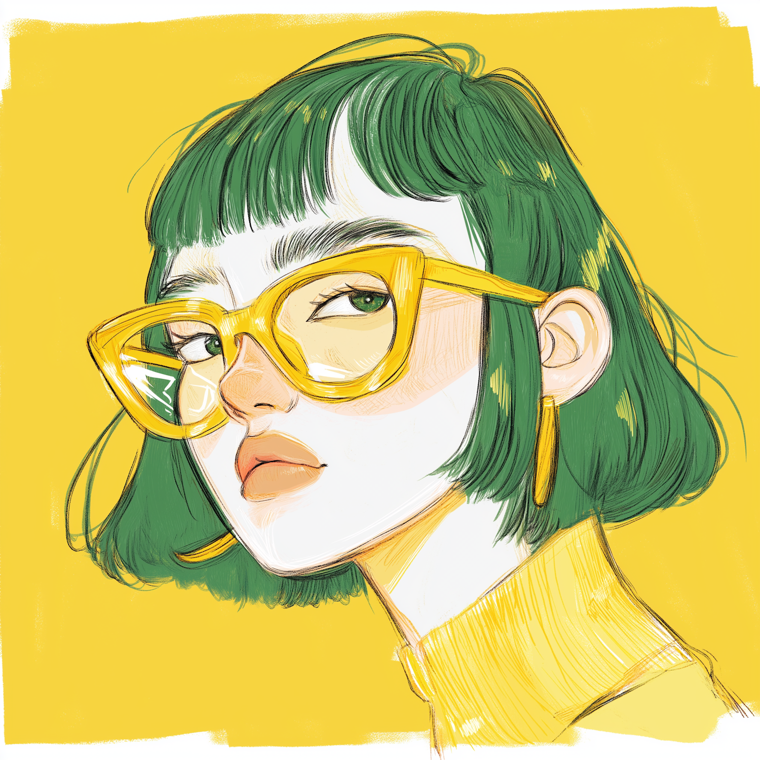 Stylized Portrait with Green Hair and Yellow Glasses