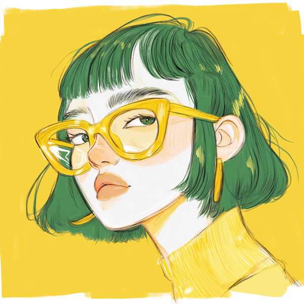 Stylized Portrait with Green Hair and Yellow Glasses