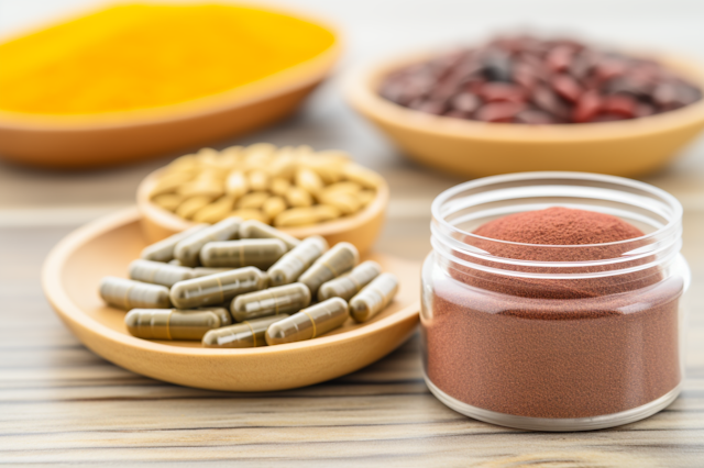 Wellness Supplements Assortment on Wooden Backdrop