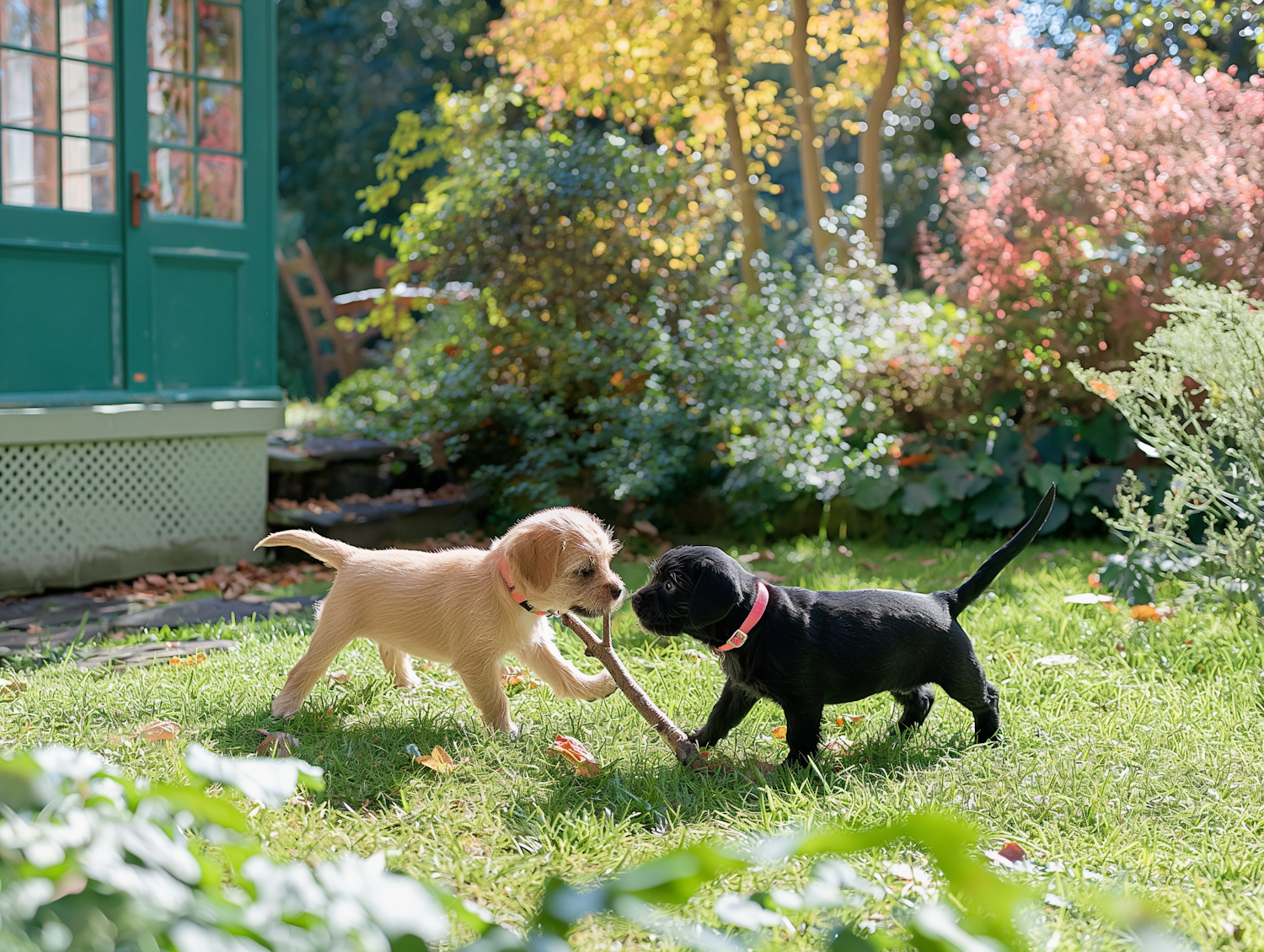 Puppies Playing in a Sunlit Garden