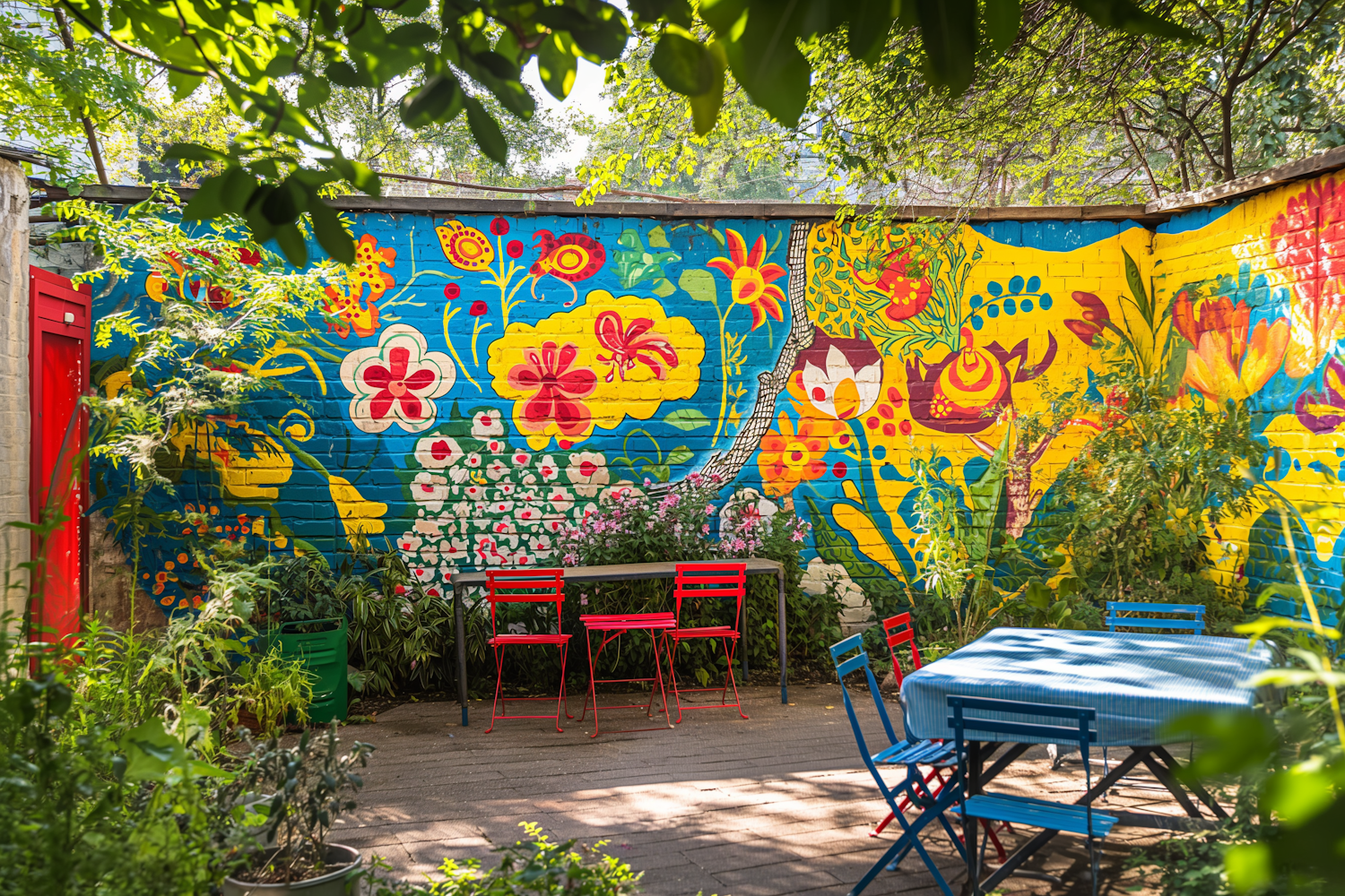 Vibrant Outdoor Seating with Mural