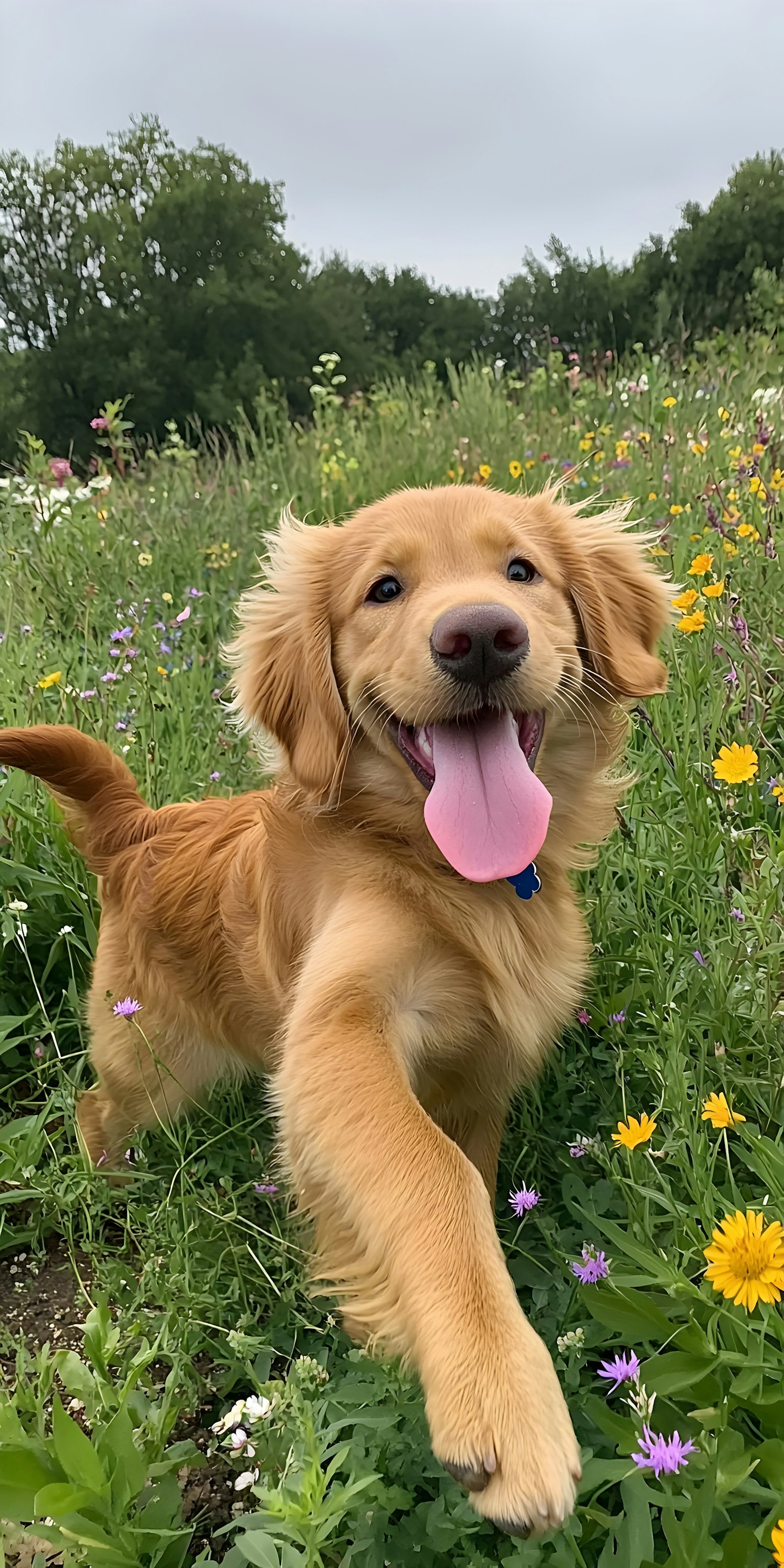 Joyful Golden Retriever Puppy in Wildflowers