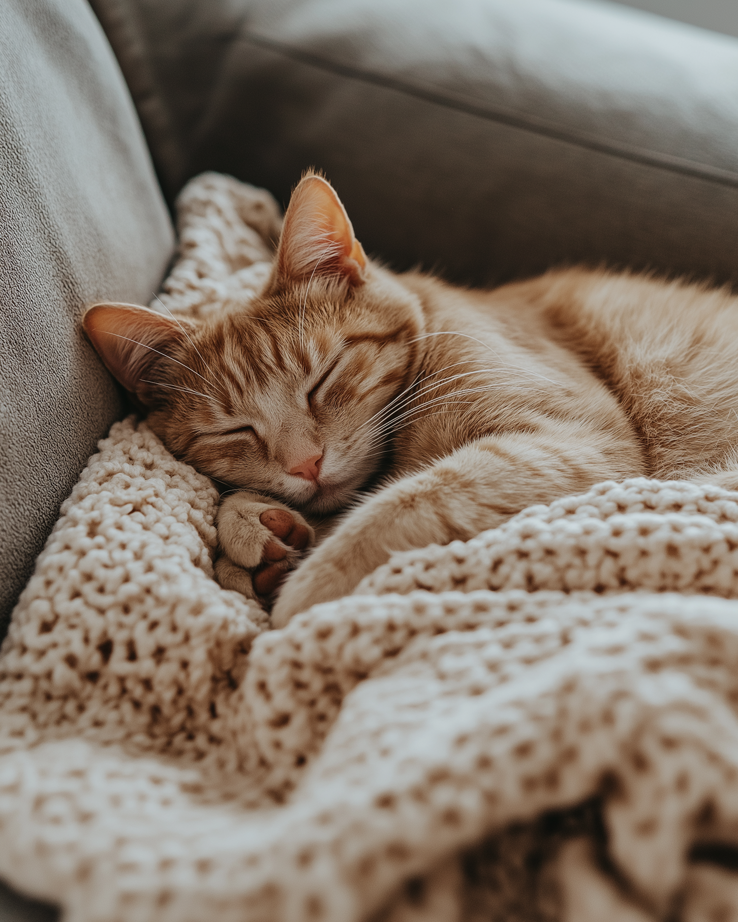 Ginger Cat Sleeping on Knitted Blanket