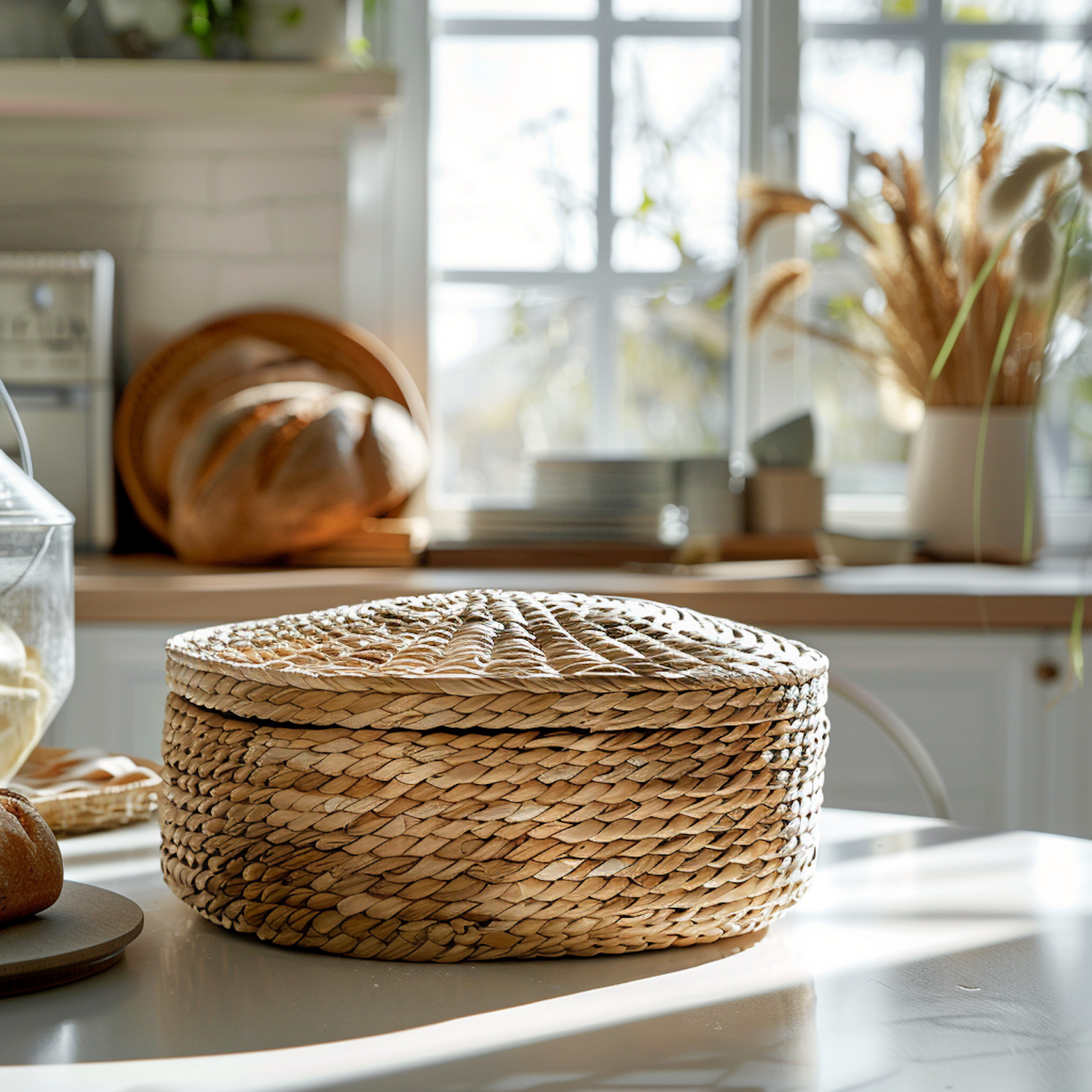 Warmly Lit Kitchen with Rattan Bread Basket