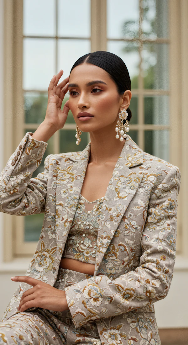 Elegant Woman in Embroidered Suit