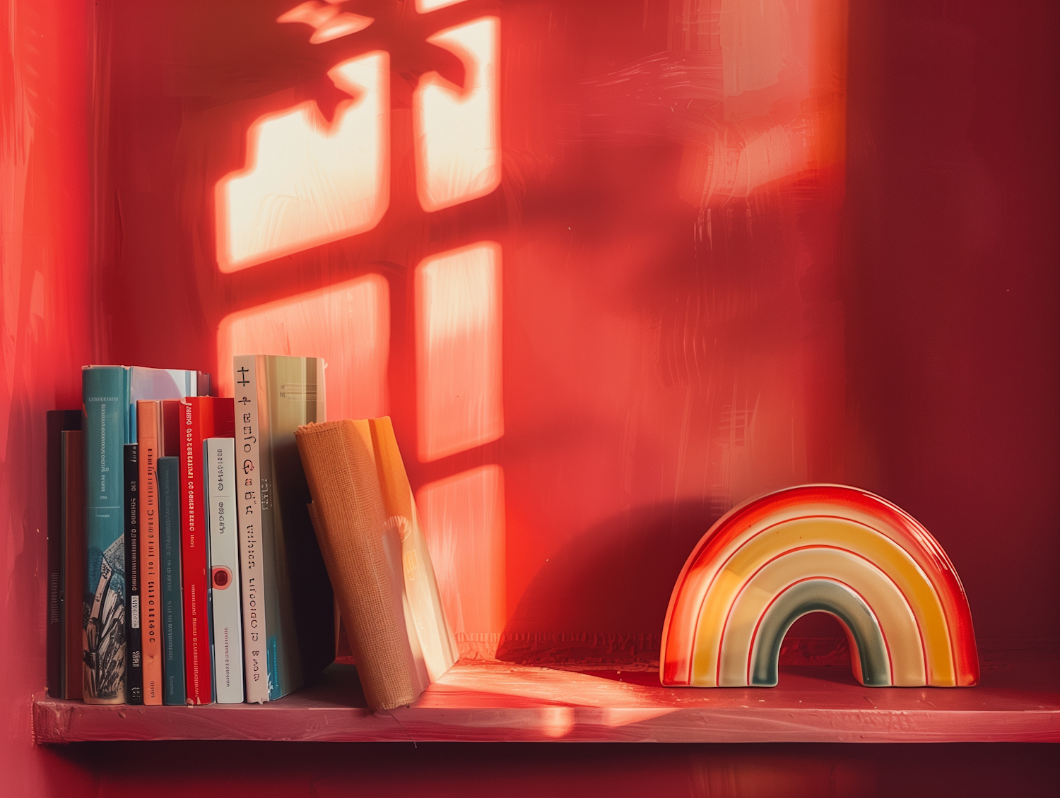 Rainbow Decoration and Organized Bookshelf