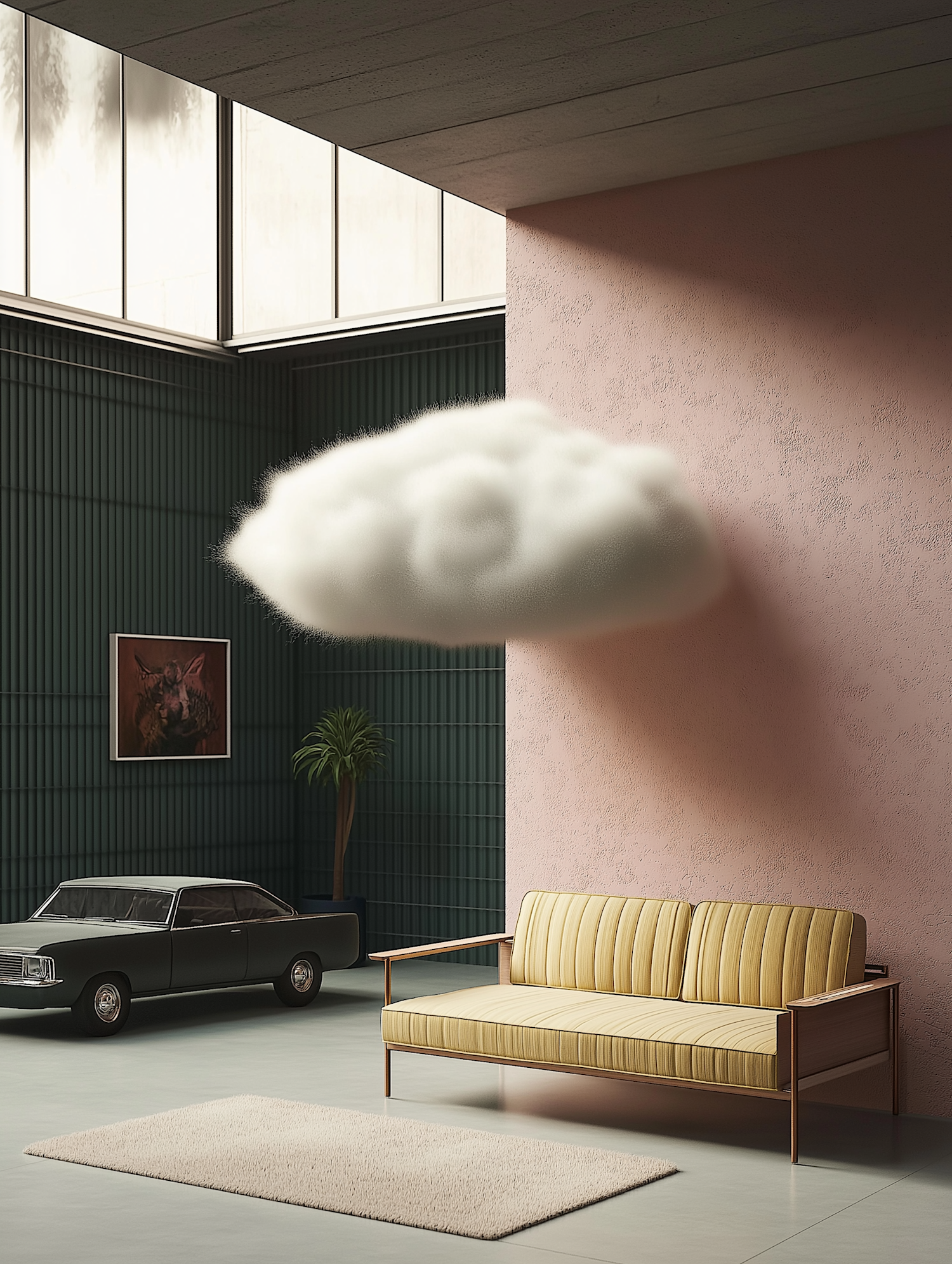 Surreal Indoor Scene with Floating Cloud