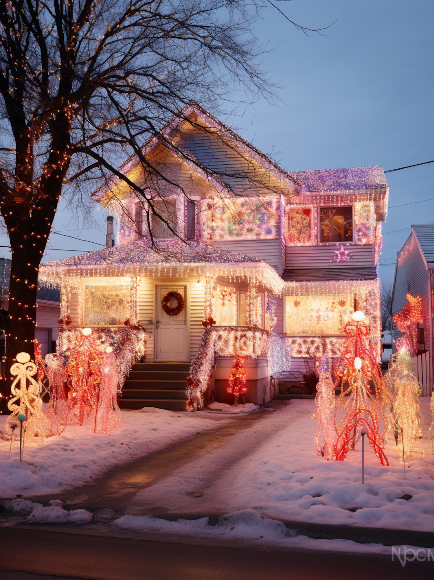 Twilight Rainbow Light Festooned Winter Home