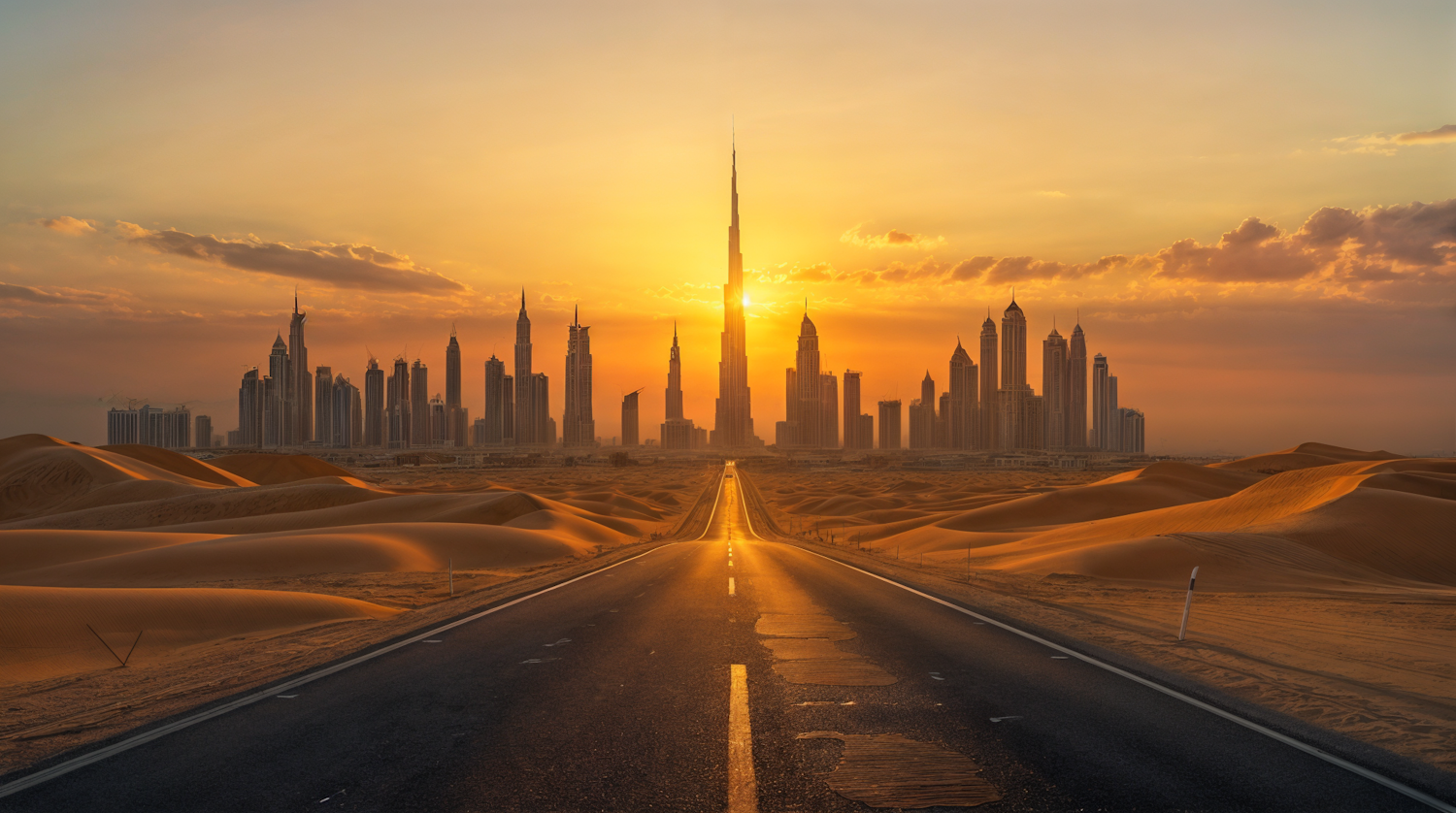 Sunset City Skyline with Desert Road