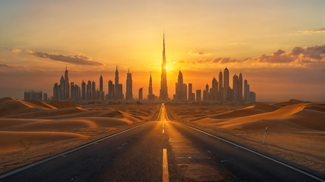 Sunset City Skyline with Desert Road