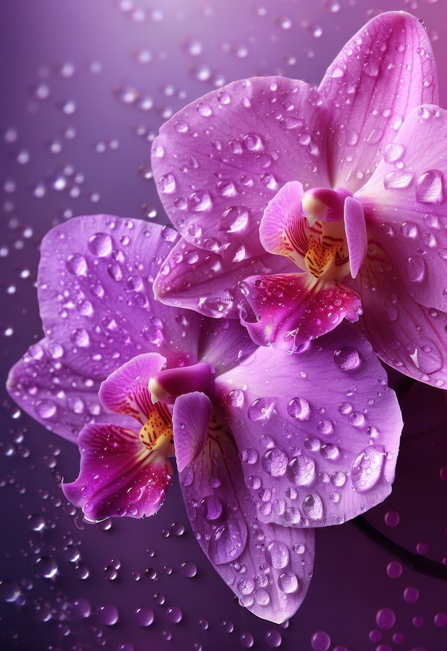 Vibrant Purple Orchids with Water Droplets