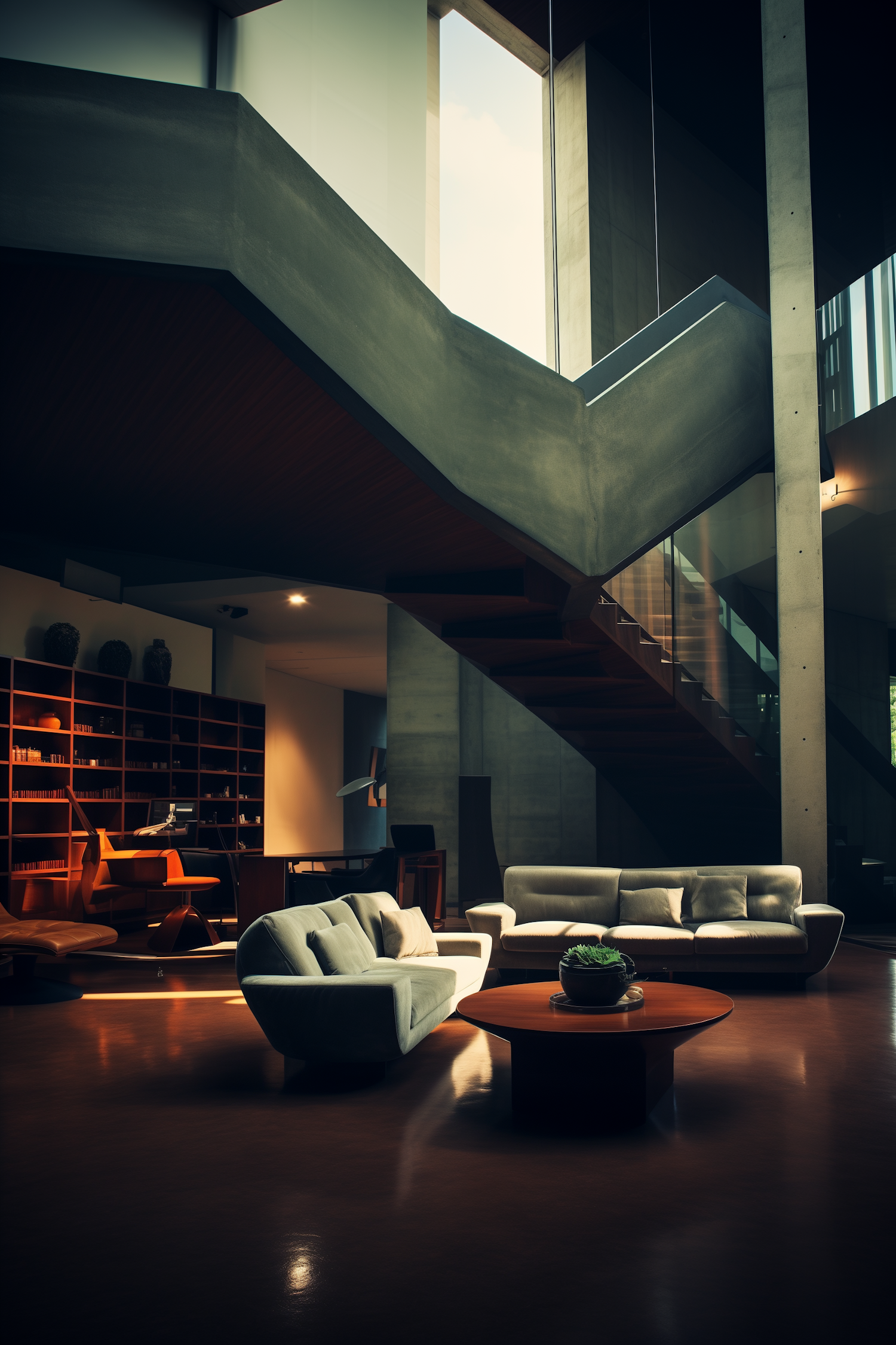 Modern Elegance: The Curvaceous Concrete Staircase Living Room