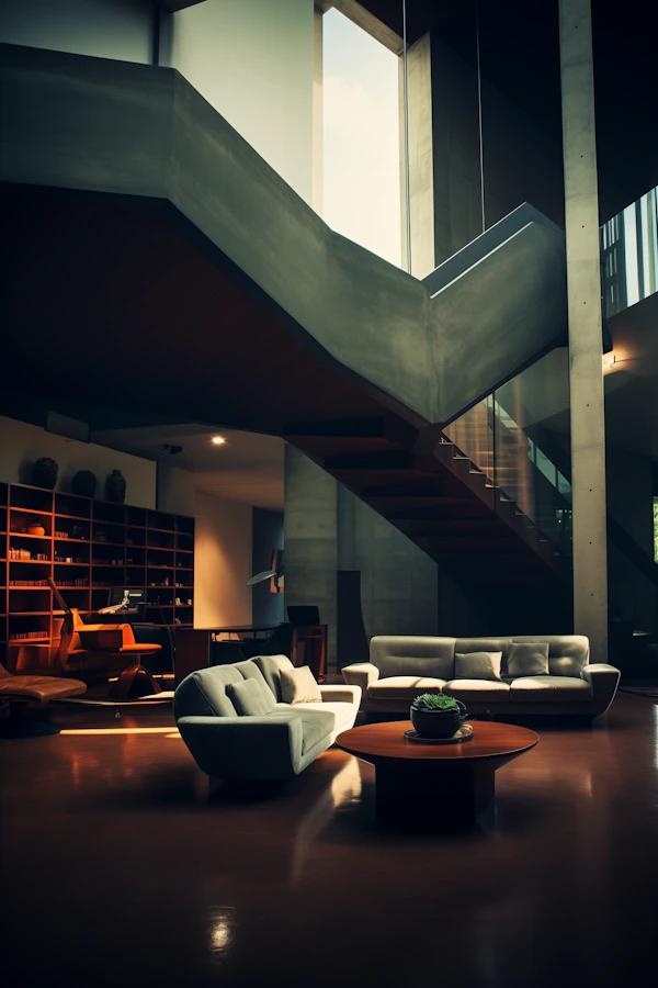 Modern Elegance: The Curvaceous Concrete Staircase Living Room