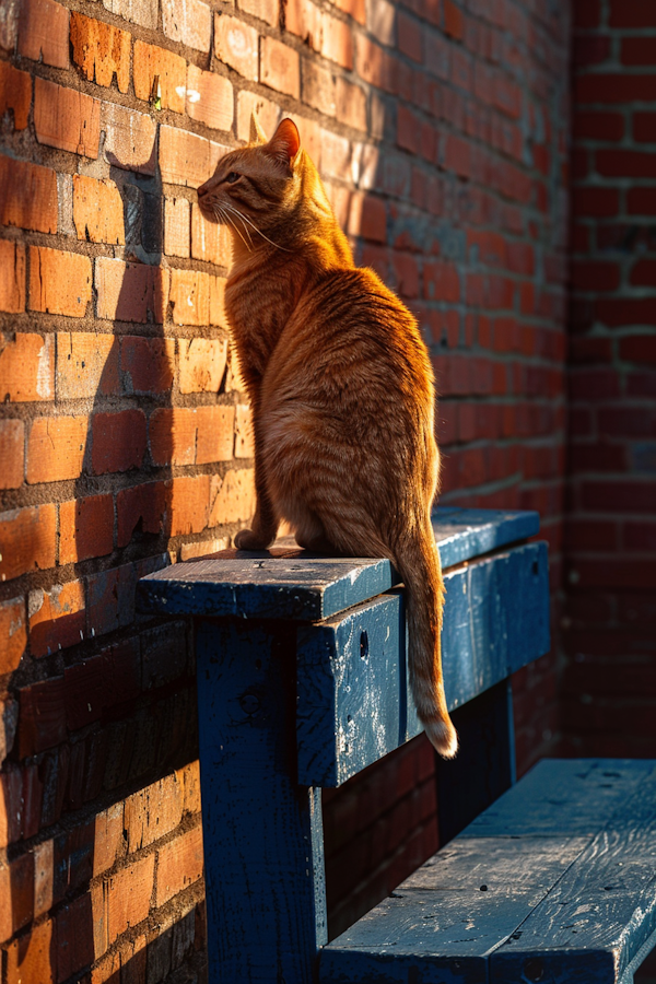 Contemplative Ginger Cat on Blue Bench