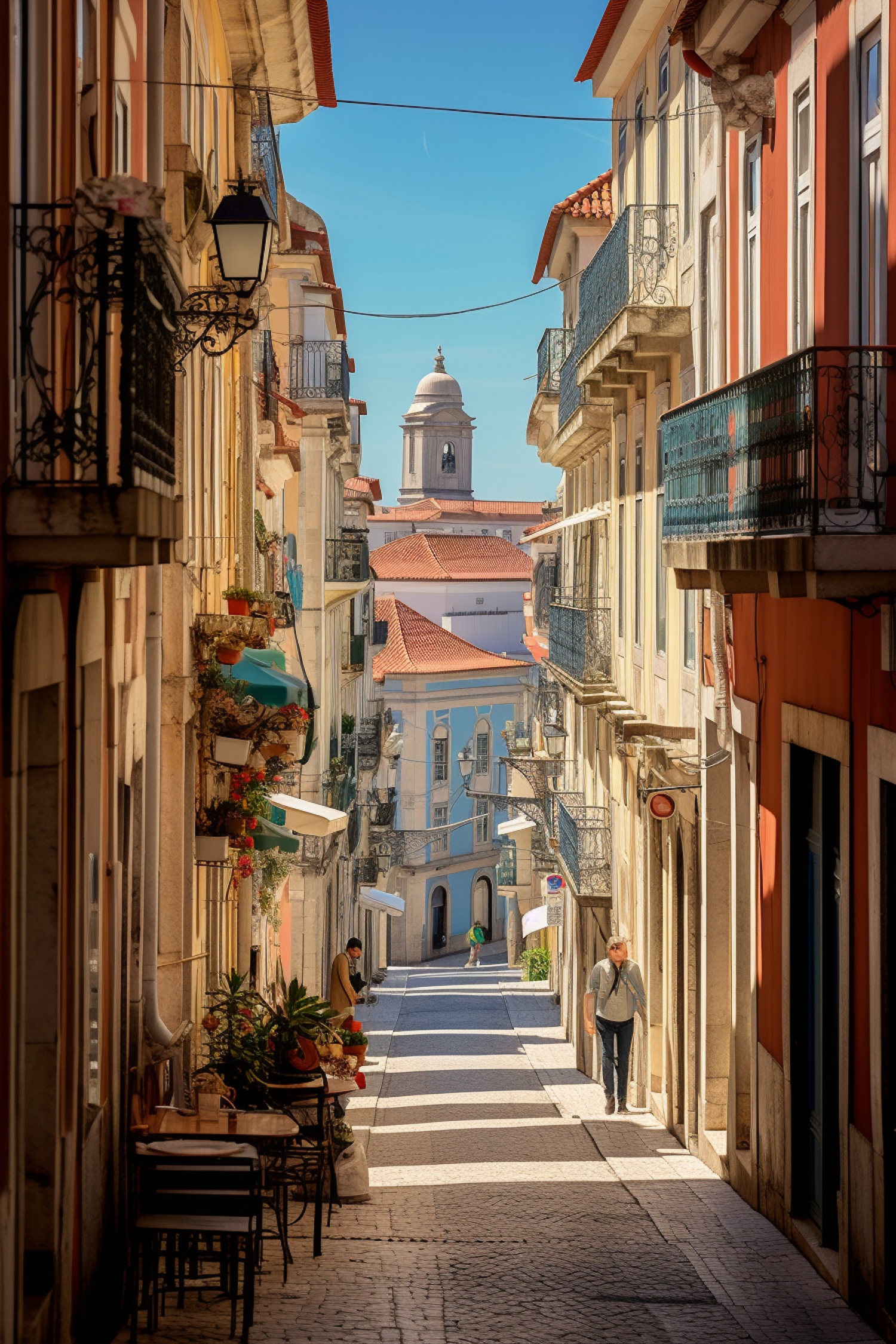 Sunlit Cobblestone Street with Historic Tower