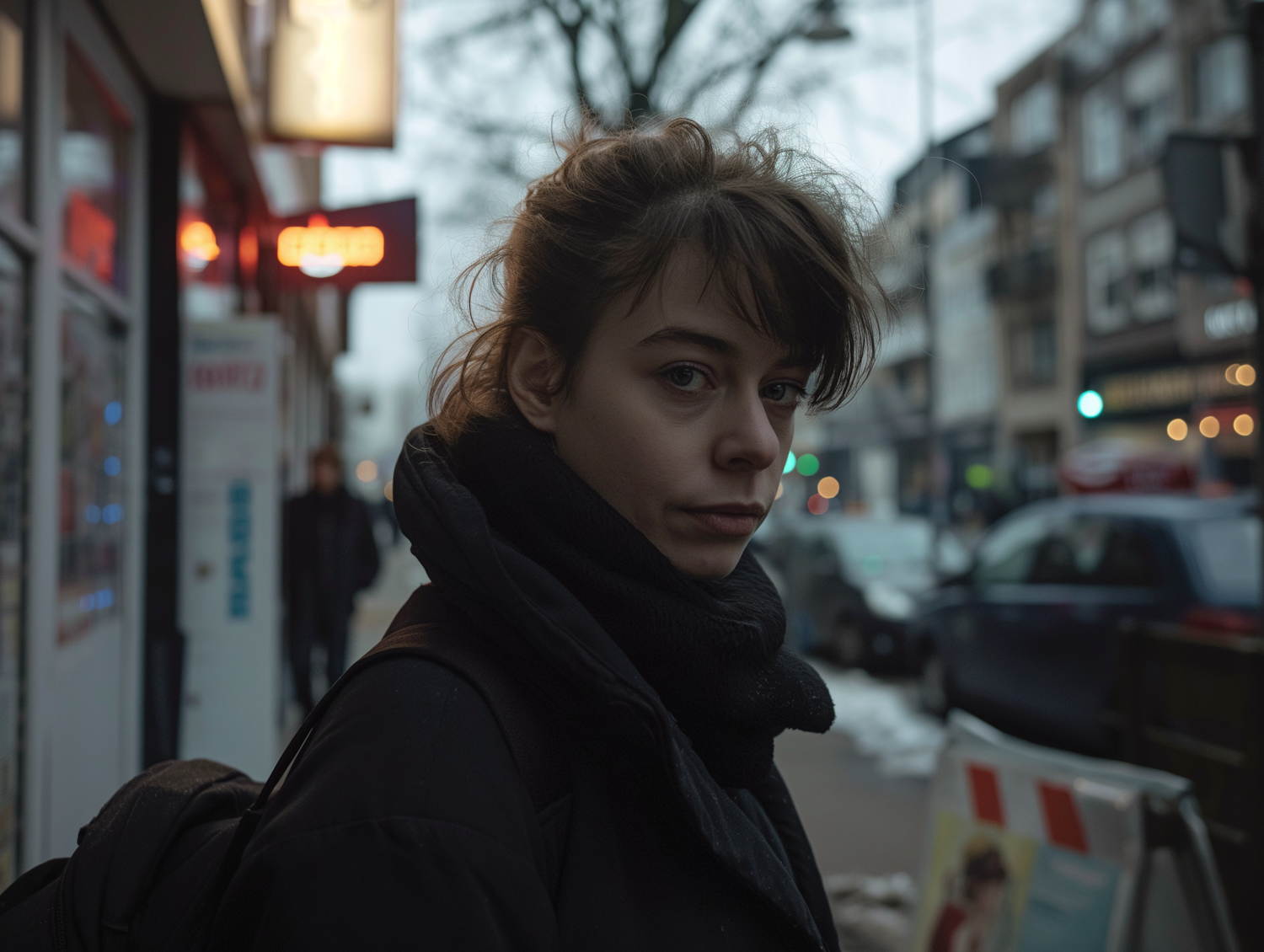 Contemplative Woman in Urban Twilight