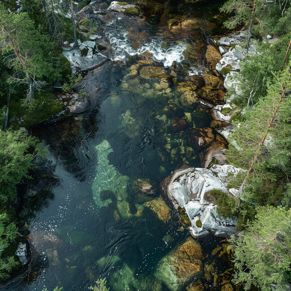 Tranquil Forested River Aerial View