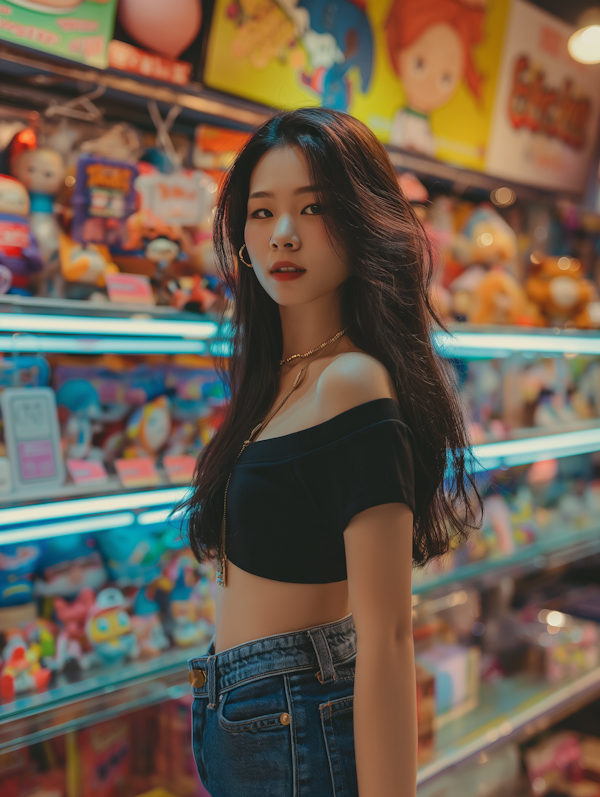 Young Woman in Colorful Toy Store