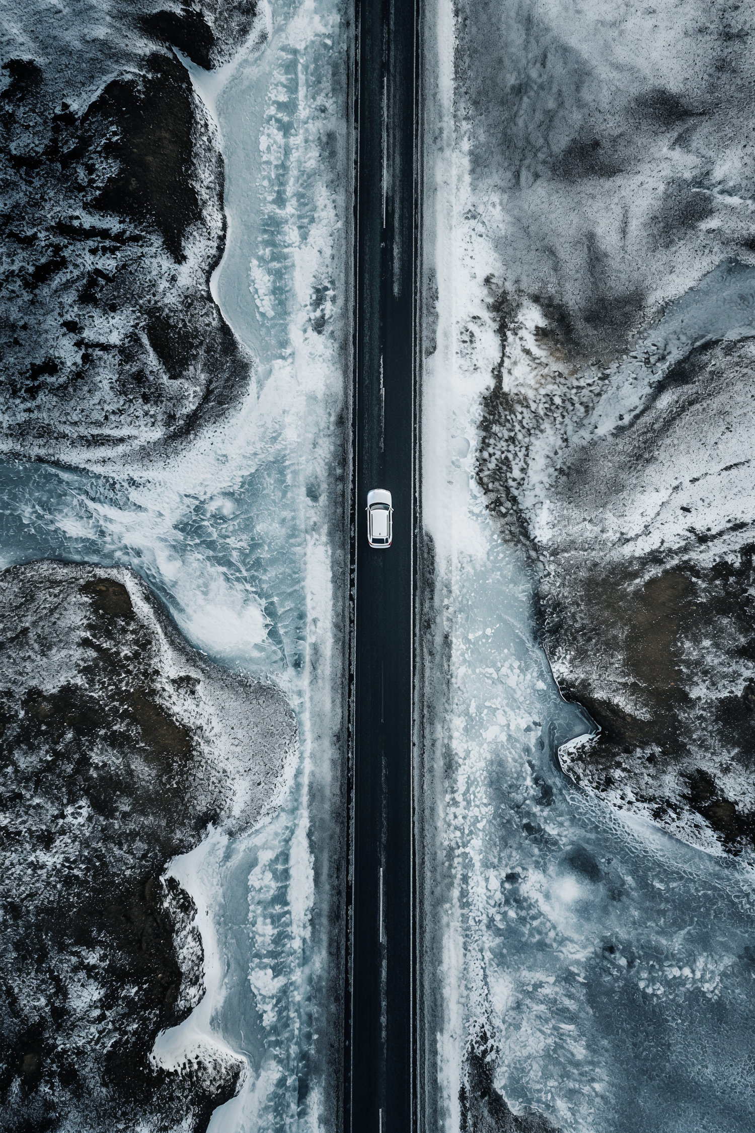 Solitary Car on Snowy Road