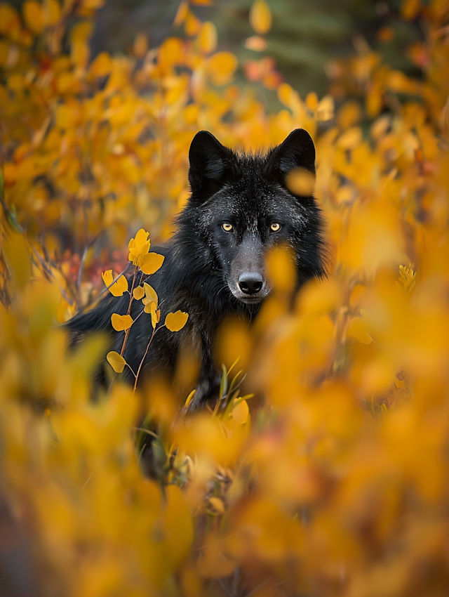 Black Wolf in Autumn Foliage