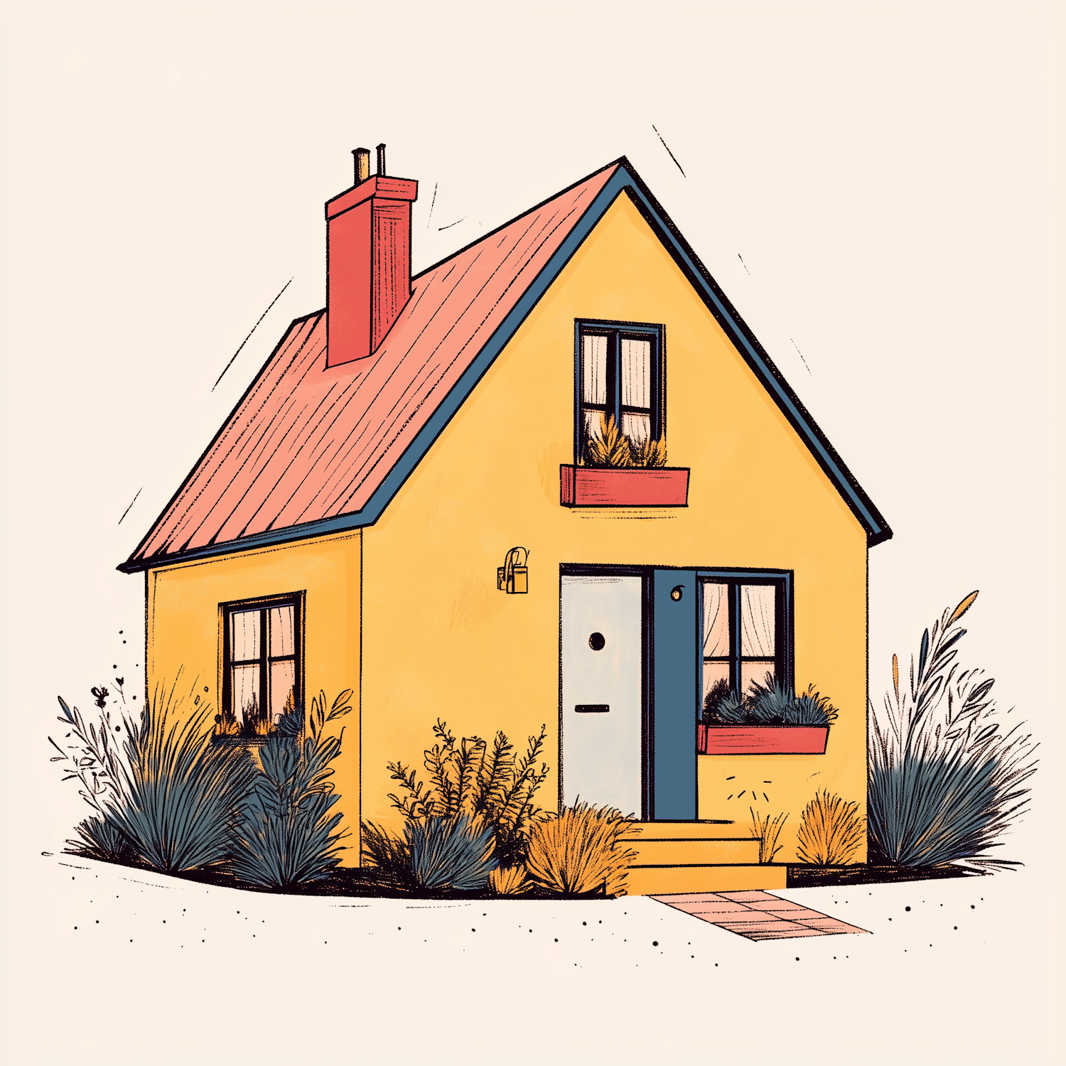 Cozy Mustard Yellow House with Red Roof