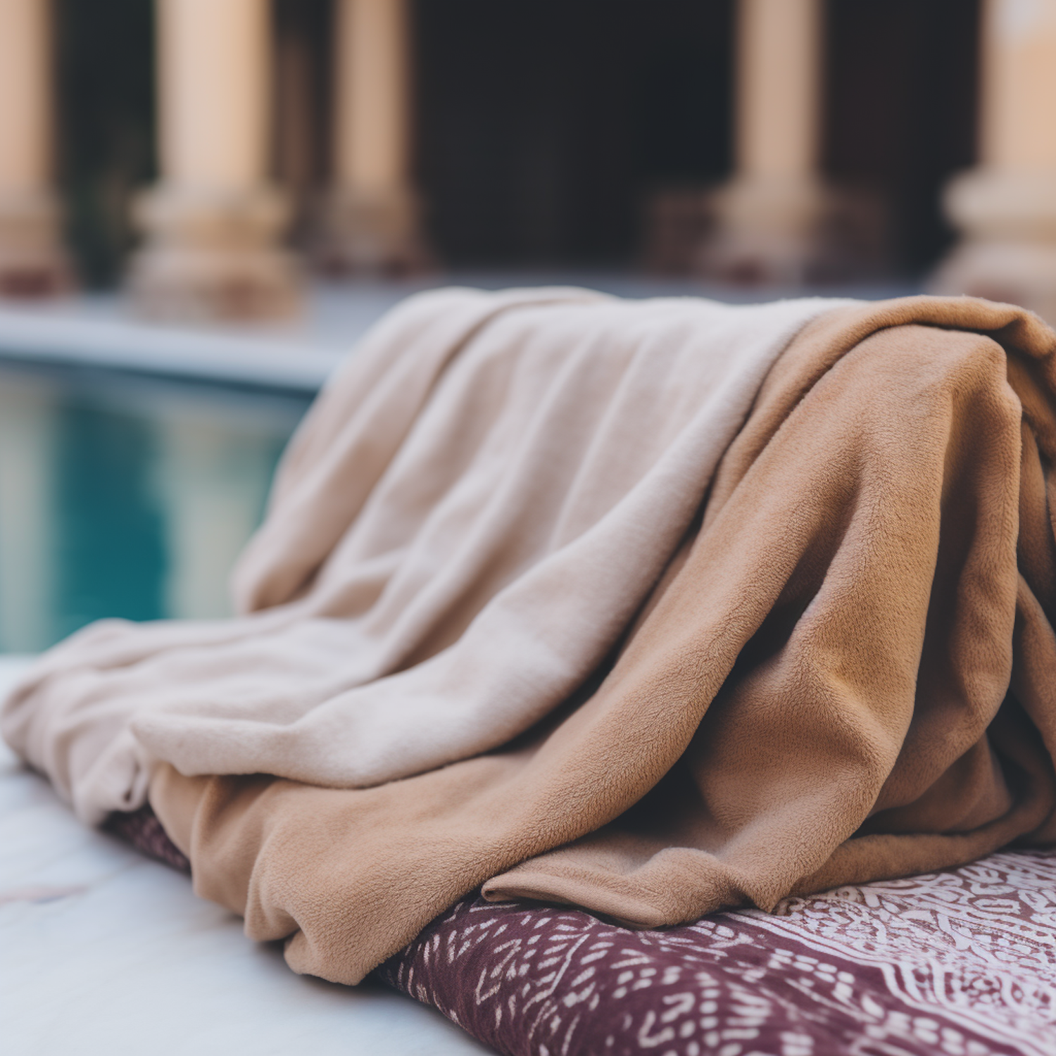 Plush Beige Blanket on Paisley Textured Surface