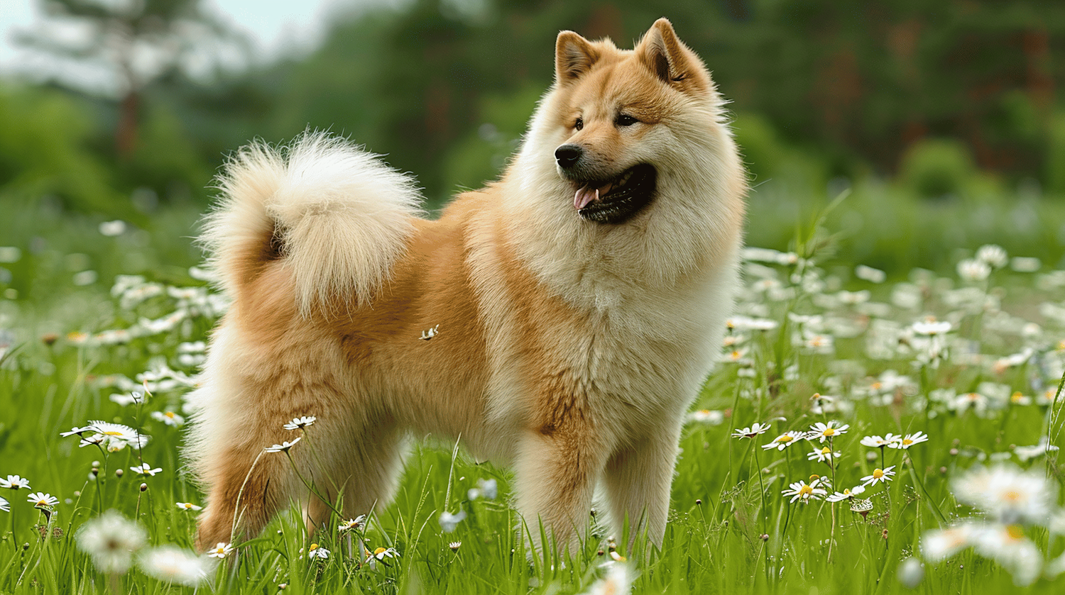 Fluffy Dog in Daisy Field