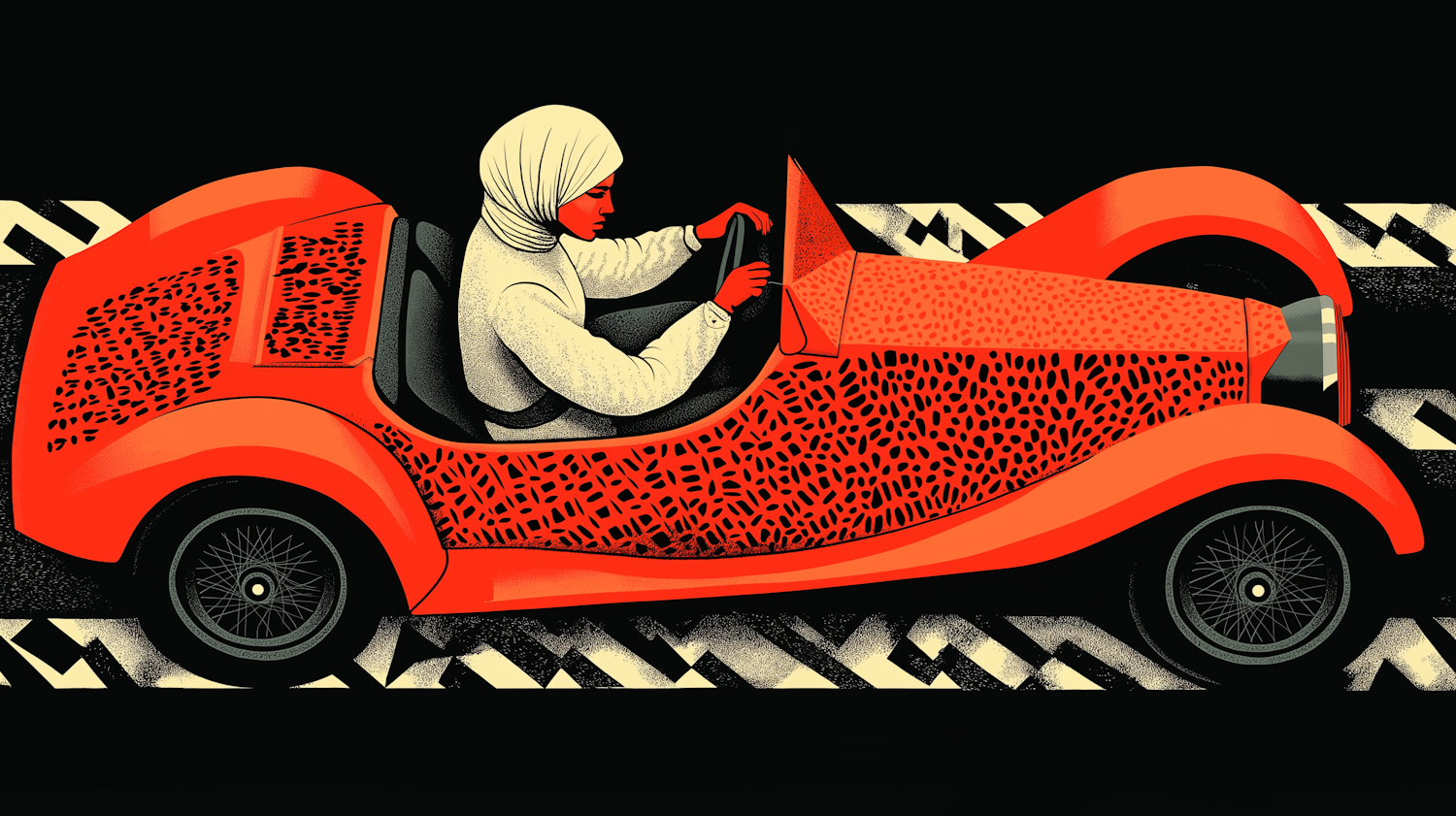 Stylized Illustration of Woman Driving Orange Car