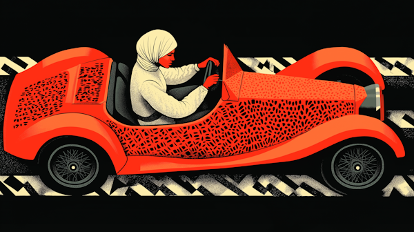 Stylized Illustration of Woman Driving Orange Car